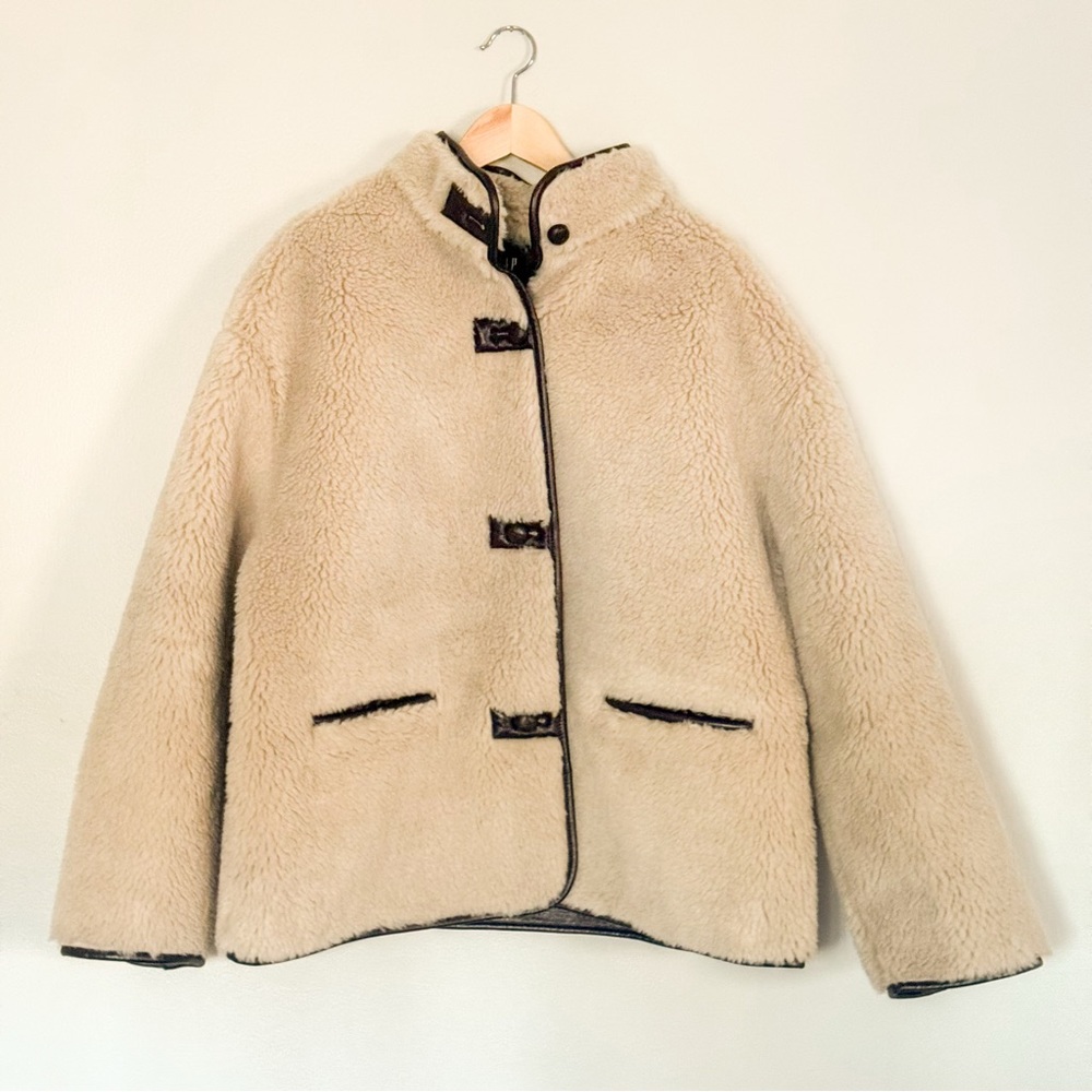 NWT Gap Cream Sherpa & Faux Brown Leather Oversized Jacket Coat Size L Vegan - Picture 5 of 16